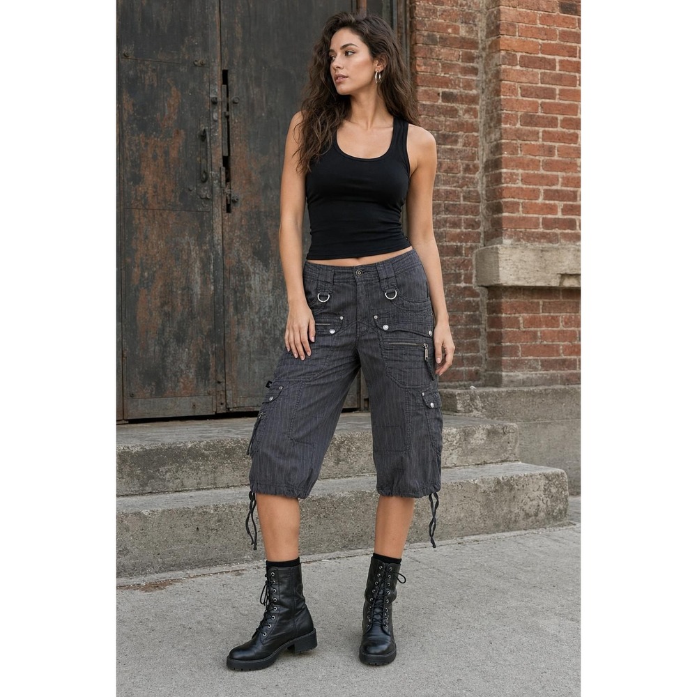Y2K Cropped Parachute Cargo Pants Women's L Gray Pinstripe Grunge Rave Festival